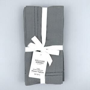 Williams Sonoma Linen Double Hemstitch Napkins Set of 4 Charcoal Gray Dinner New